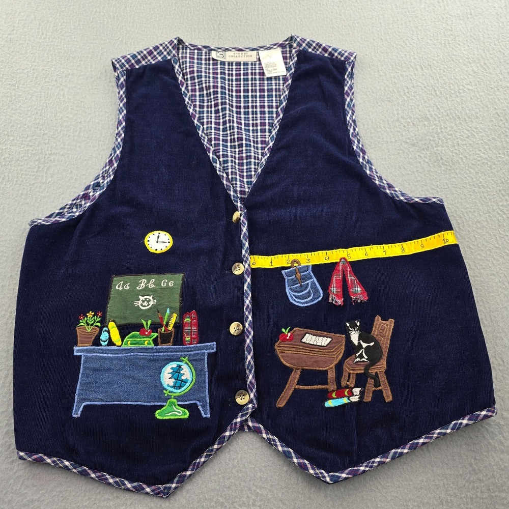 Vintage Studio Collection Corduroy Vest Womens Large Blue Plaid School Themed